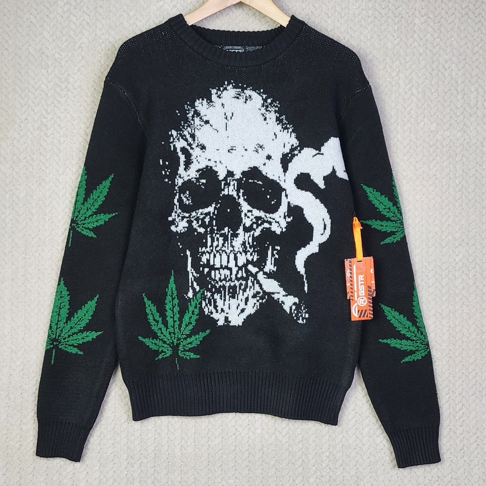 RGSTR Sweater Black Skull Weed Graphic Crewneck Mens Small NWT